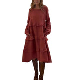 Women's Long Sleeve Patchwork Round Neck Ruffles Dress