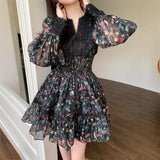 French Retro Printed Dress V-neck