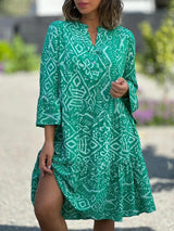 Women's V-neck Flared Sleeves Cake Flowers Stitching Dress - WOMONA.COM