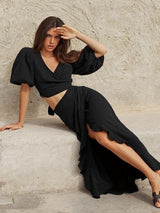 Women's Graceful And Fashionable V-neck Puff Sleeve Skirt Suit - WOMONA.COM