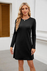 Round Neck Slit Hemline At Hem Long Sleeve Casual Dress