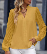 V-neck Long-sleeved Chiffon Shirt - WOMONA.COM