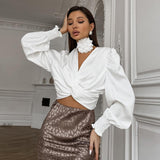 White Satin Top Short Design Twist V-neck Pullover Shirt - WOMONA.COM