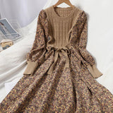 Women's Long Sleeve Retro Patchwork Floral Knitted Dress
