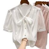 Pure Color Tied Single-breasted Short Sleeve Shirt For Women - WOMONA.COM