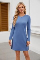 Round Neck Slit Hemline At Hem Long Sleeve Casual Dress