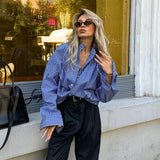 French Style Blue Striped Shirt Design Sense Niche - WOMONA.COM