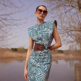 Round Neck Square Shoulder Printed Dress