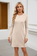 Round Neck Slit Hemline At Hem Long Sleeve Casual Dress