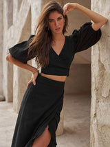 Women's Graceful And Fashionable V-neck Puff Sleeve Skirt Suit - WOMONA.COM