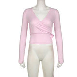 Street Style Sexy Cross V-neck Long Sleeve Tied T-shirt - WOMONA.COM