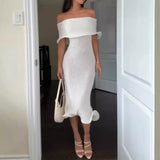 Off-neck Slim-fit Sexy Sleeveless Solid Color Dress - WOMONA.COM