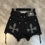 Lace-up Frayed Cross Flower & Pattern Sweet Cool Denim Shorts For Women - WOMONA.COM