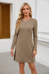 Round Neck Slit Hemline At Hem Long Sleeve Casual Dress