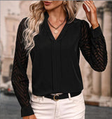 V-neck Long-sleeved Chiffon Shirt - WOMONA.COM