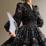 French Retro Printed Dress V-neck