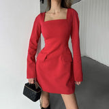 Loose Square Collar Mid Waist Dress