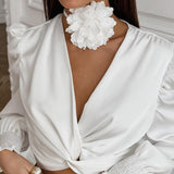 White Satin Top Short Design Twist V-neck Pullover Shirt - WOMONA.COM