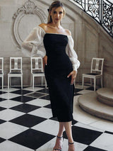 Women's Temperament Leisure Black And White Puff Sleeve Formal Dress - WOMONA.COM
