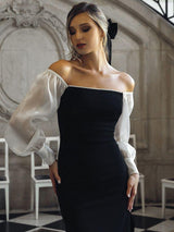 Women's Temperament Leisure Black And White Puff Sleeve Formal Dress - WOMONA.COM