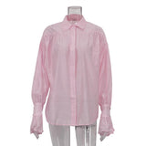 Polo Collar Solid Color Long Sleeve Shirt - WOMONA.COM