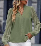 V-neck Long-sleeved Chiffon Shirt - WOMONA.COM