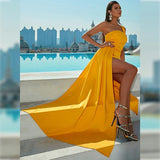 One-shoulder Off-neck Prom Party Slit Evening Dress - WOMONA.COM