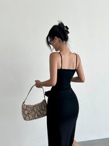 Black Word-neck Suspender Dress - WOMONA.COM