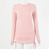Long Sleeve Drawstring Dress - WOMONA.COM