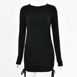 Long Sleeve Drawstring Dress - WOMONA.COM