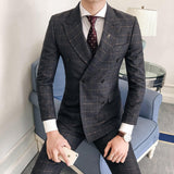 Three-Piece Korean Style Men's Plaid Slim Suit - WOMONA.COM