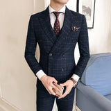 Three-Piece Korean Style Men's Plaid Slim Suit - WOMONA.COM