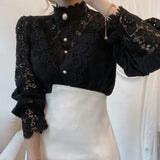 Flower Stitching Stand Collar Shirt - WOMONA.COM