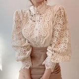 Flower Stitching Stand Collar Shirt - WOMONA.COM