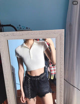 Knitted Thread Lapel Short - WOMONA.COM