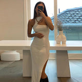 Halterneck Irregular Ribbed Split Dress - WOMONA.COM