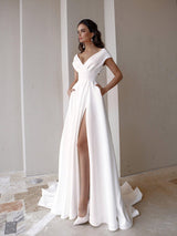 V-Neck Solid Color Floor Long Dress - WOMONA.COM