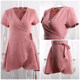 pink V-neck short sleeve dress - WOMONA.COM
