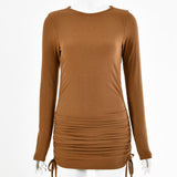 Long Sleeve Drawstring Dress - WOMONA.COM