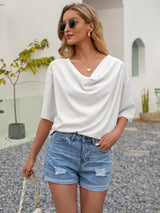 Solid V-Neck Short Sleeve Loose Top - WOMONA.COM