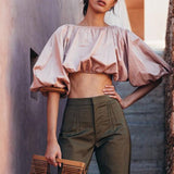 Lantern sleeve short shirt top - WOMONA.COM
