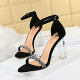 High Heel Suede Rhinestone Strap Sandals - WOMONA.COM