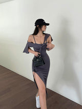 Black Word-neck Suspender Dress - WOMONA.COM