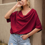 Solid V-Neck Short Sleeve Loose Top - WOMONA.COM