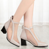 Chunky Heel Mid-heel Hollow Mesh Sandals - WOMONA.COM