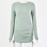 Long Sleeve Drawstring Dress - WOMONA.COM