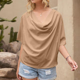 Solid V-Neck Short Sleeve Loose Top - WOMONA.COM