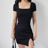 Neck Pleated Waist Slim Dress - WOMONA.COM
