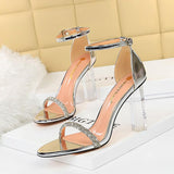 High Heel Suede Rhinestone Strap Sandals - WOMONA.COM