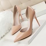 leather shallow pointed high heels - WOMONA.COM